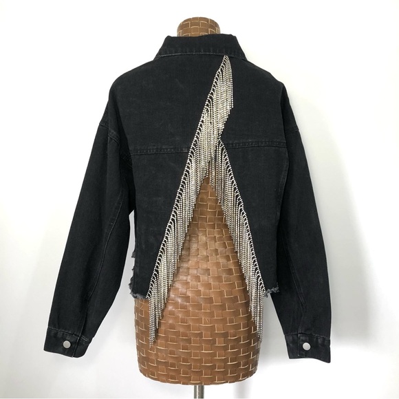 Blue B. Cropped Black Denim Jacket with Silver Rhinestone Fringe - Picture 5 of 16